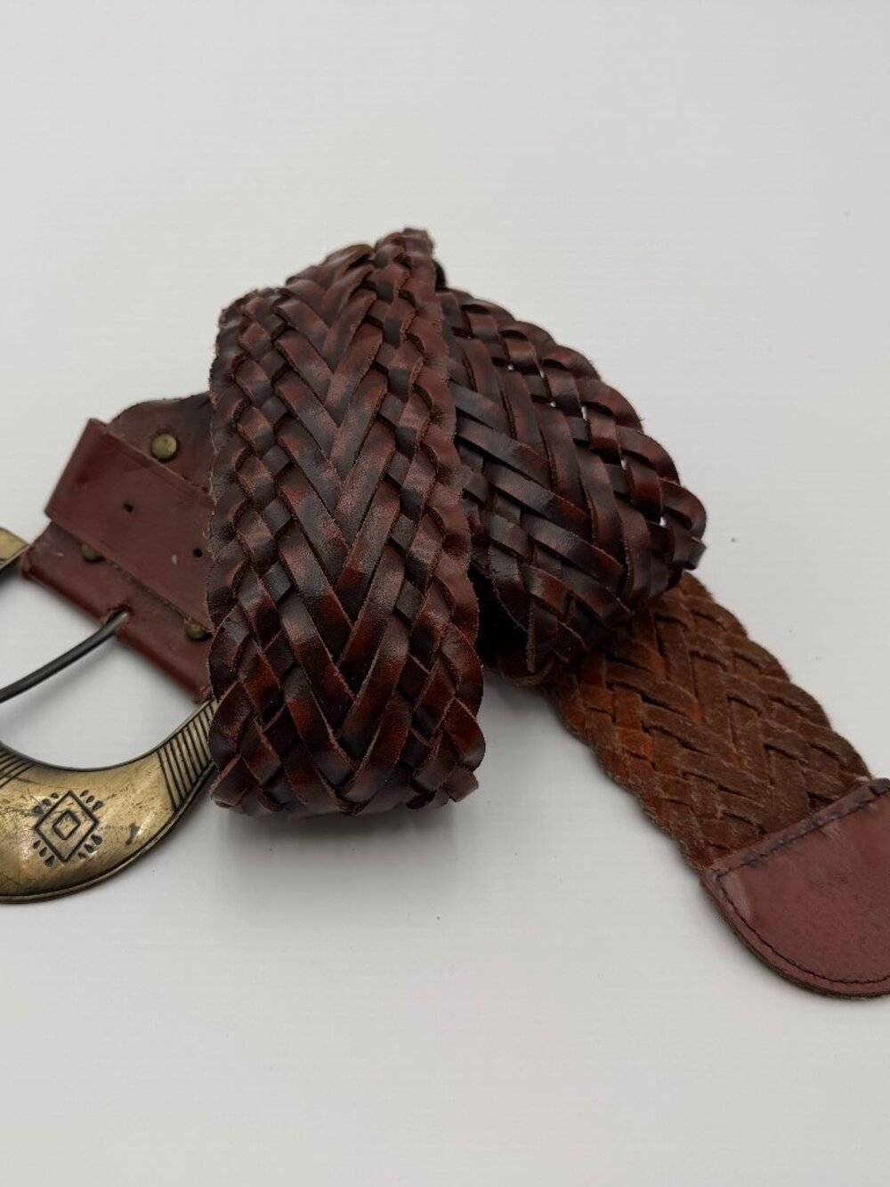 Vintage Braided Leather Belt With Statement Brass Buckle